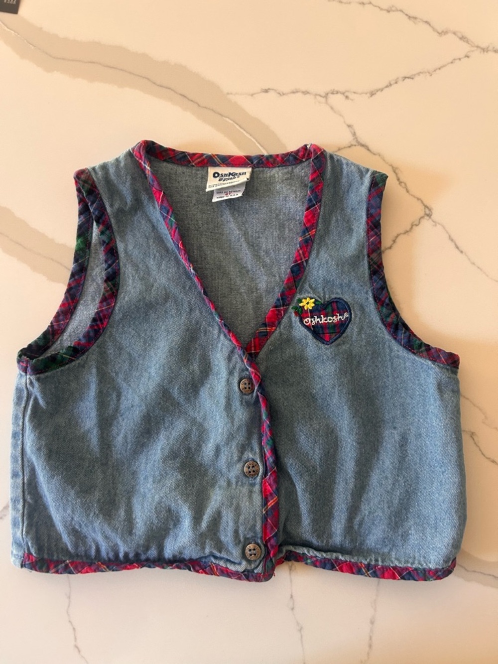 Vintage OshKosh Denim Plaid-Trim Vest - Blue with Red Accent size 4t GUC